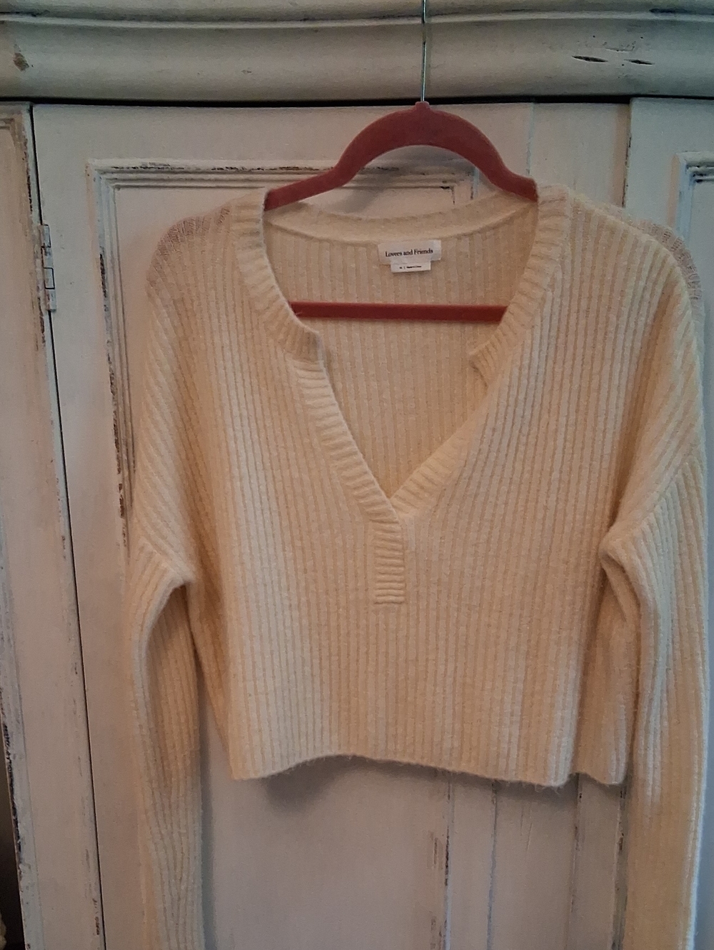 Lovers + Friends Soft Ivory Ribbed V-Neck Sweater
